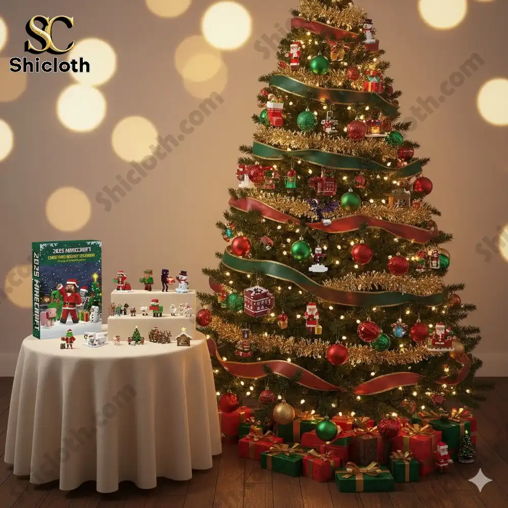 A Christmas tree decorated with Minecraft ornaments and the 2025 Minecraft Advent Calendar beside it.