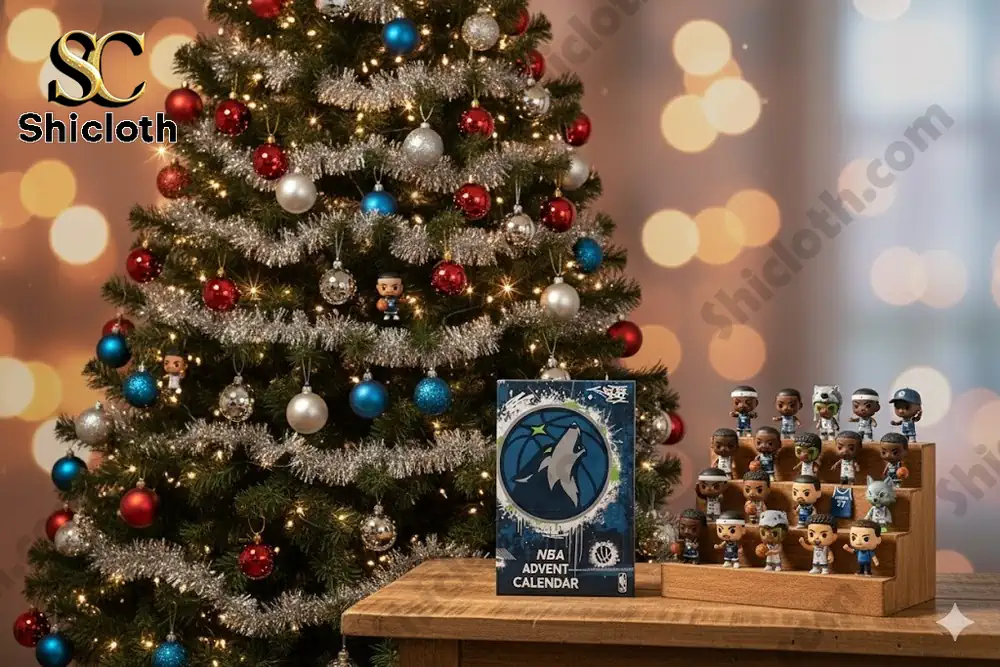 Minnesota Timberwolves NBA Advent Calendar 24 Day Basketball Countdown 3 A decorated Christmas tree with an NBA advent calendar box and small collectible figures displayed beside it.