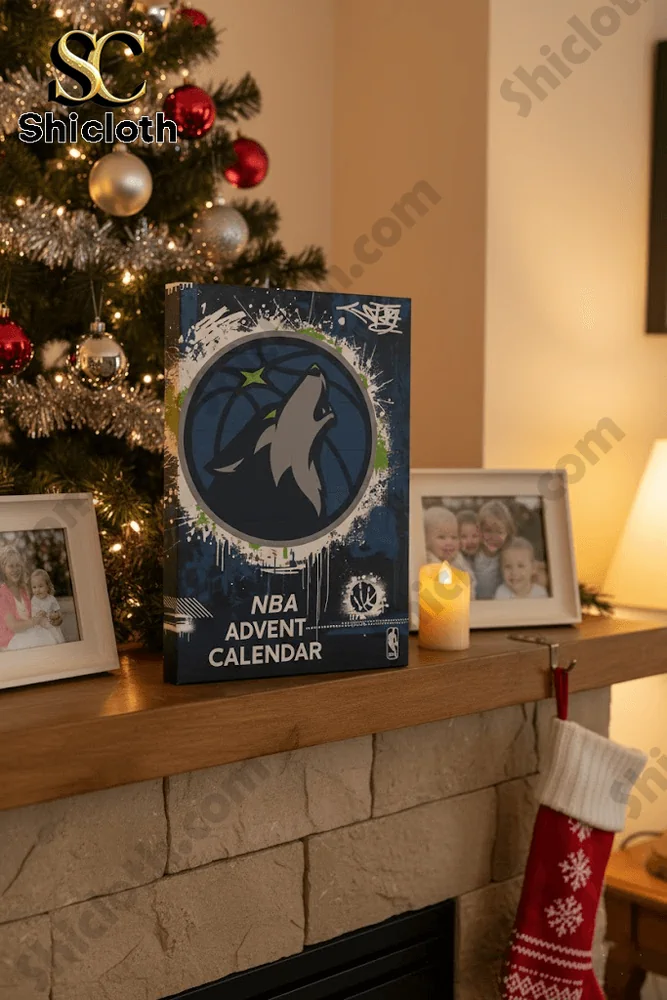 Minnesota Timberwolves NBA Advent Calendar 24 Day Basketball Countdown 6 The Minnesota Timberwolves NBA advent calendar box displayed on a fireplace mantel beside family photos and Christmas decor.