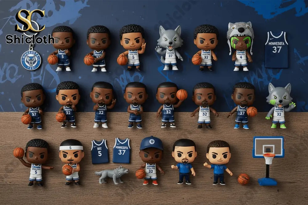A complete set of collectible mini basketball figures from the Minnesota Timberwolves NBA advent calendar.
