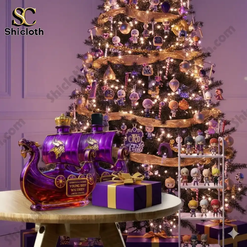 Purple viking ship bottles and small character figures displayed before a decorated Christmas tree.