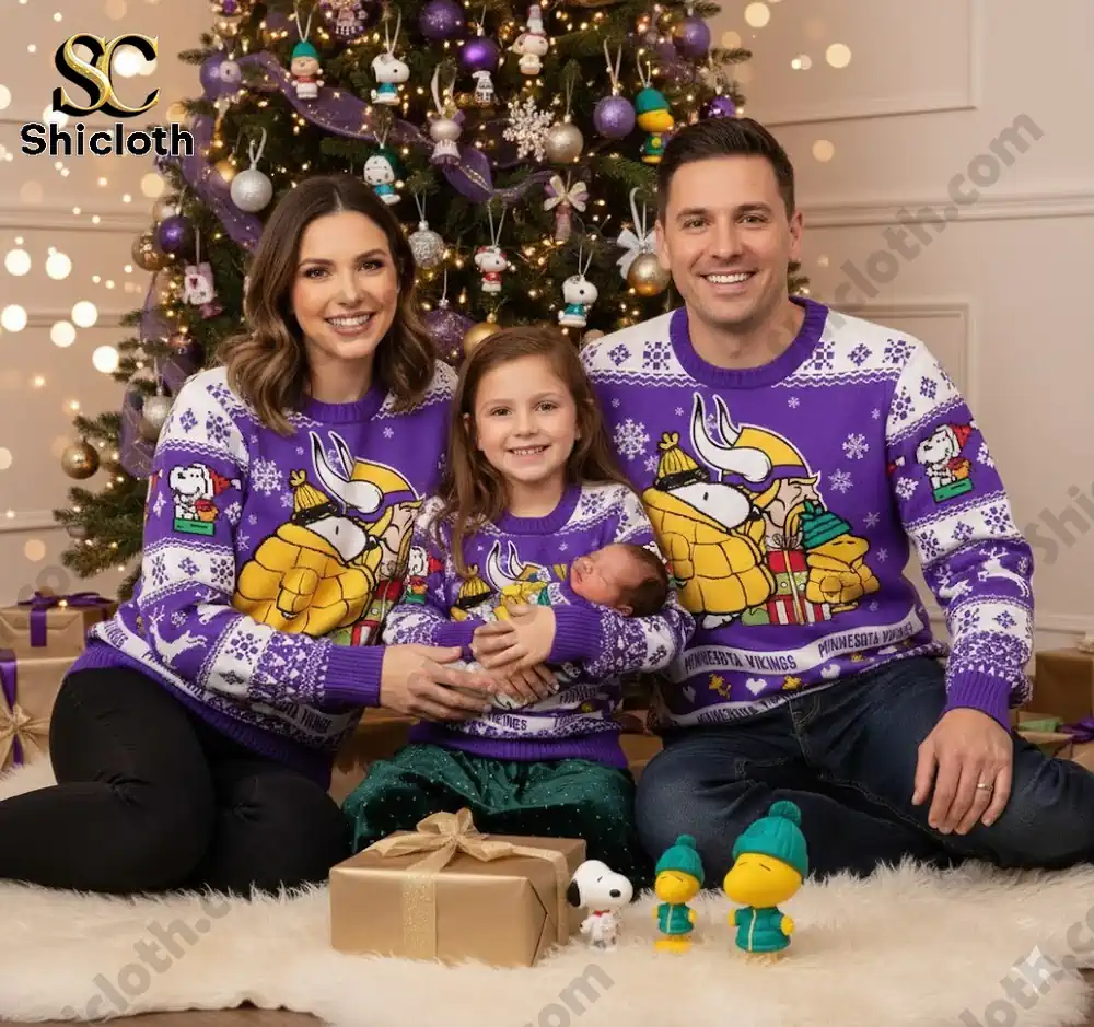 A family in matching Minnesota Vikings Peanuts Snoopy sweaters sits by a decorated Christmas tree holding presents.