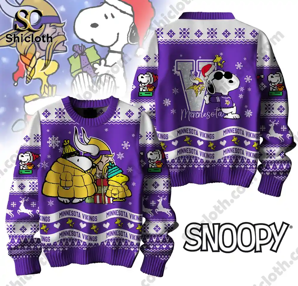 Front and back view of a Minnesota Vikings Peanuts Snoopy sweater featuring Snoopy in a Vikings outfit with a Christmas hat.