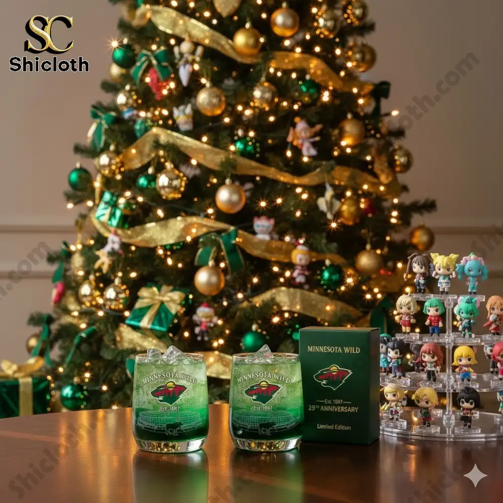A green anniversary glass with ice on a table in front of a decorated Christmas tree.