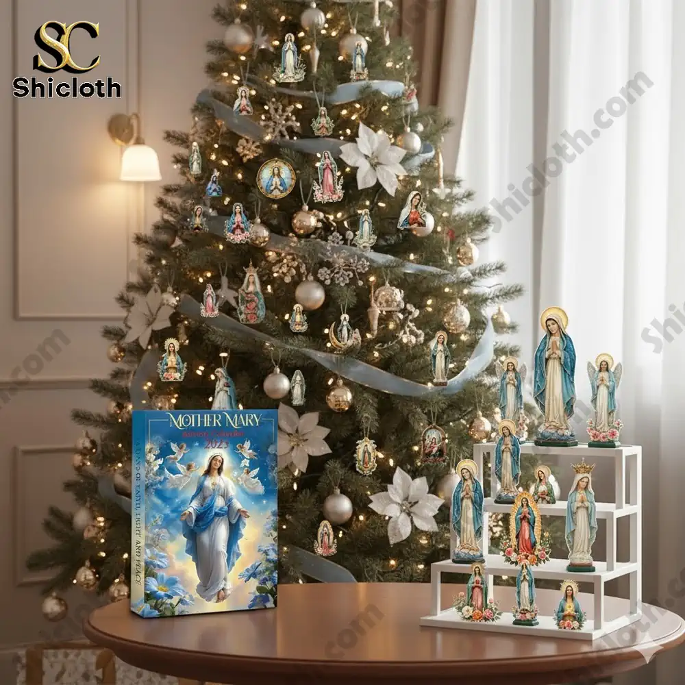 Christmas tree decorated with Mother Mary ornaments and a Mother Mary Advent Calendar 2025 box on a table!