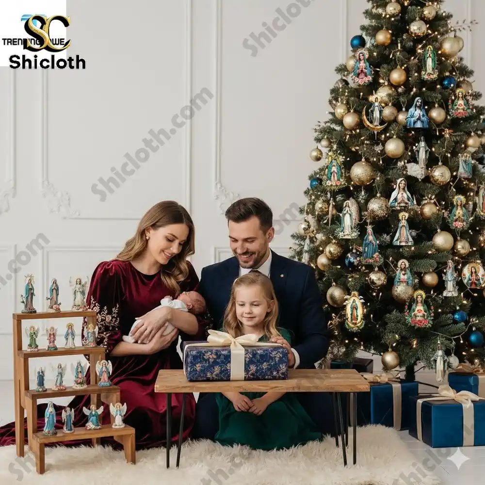 Family celebrating Christmas beside a tree decorated with Mother Mary ornaments and a Mother Mary Advent Calendar 2025 display!