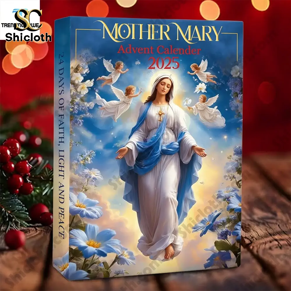 Mother Mary Advent Calendar 2025 Advent Calendar 24 Mini 2D Ornament 3 Mother Mary Advent Calendar 2025 box featuring Virgin Mary surrounded by angels and blue flowers!
