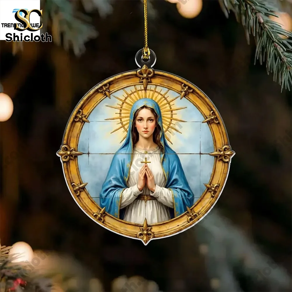 Mother Mary Advent Calendar 2025 Advent Calendar 24 Mini 2D Ornament 4 Round golden ornament featuring Virgin Mary in blue robe hanging on Christmas tree!