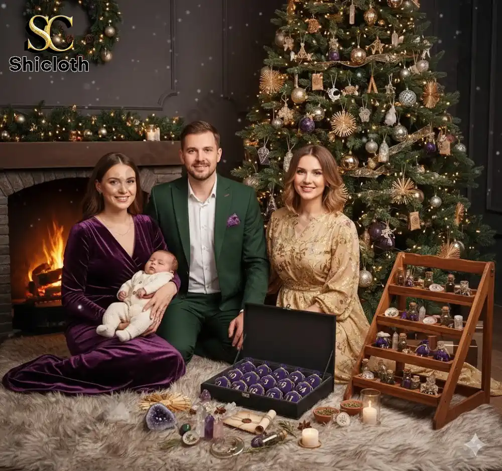 A family sitting by a Christmas tree with Shicloth crystal gift sets and holiday decorations.