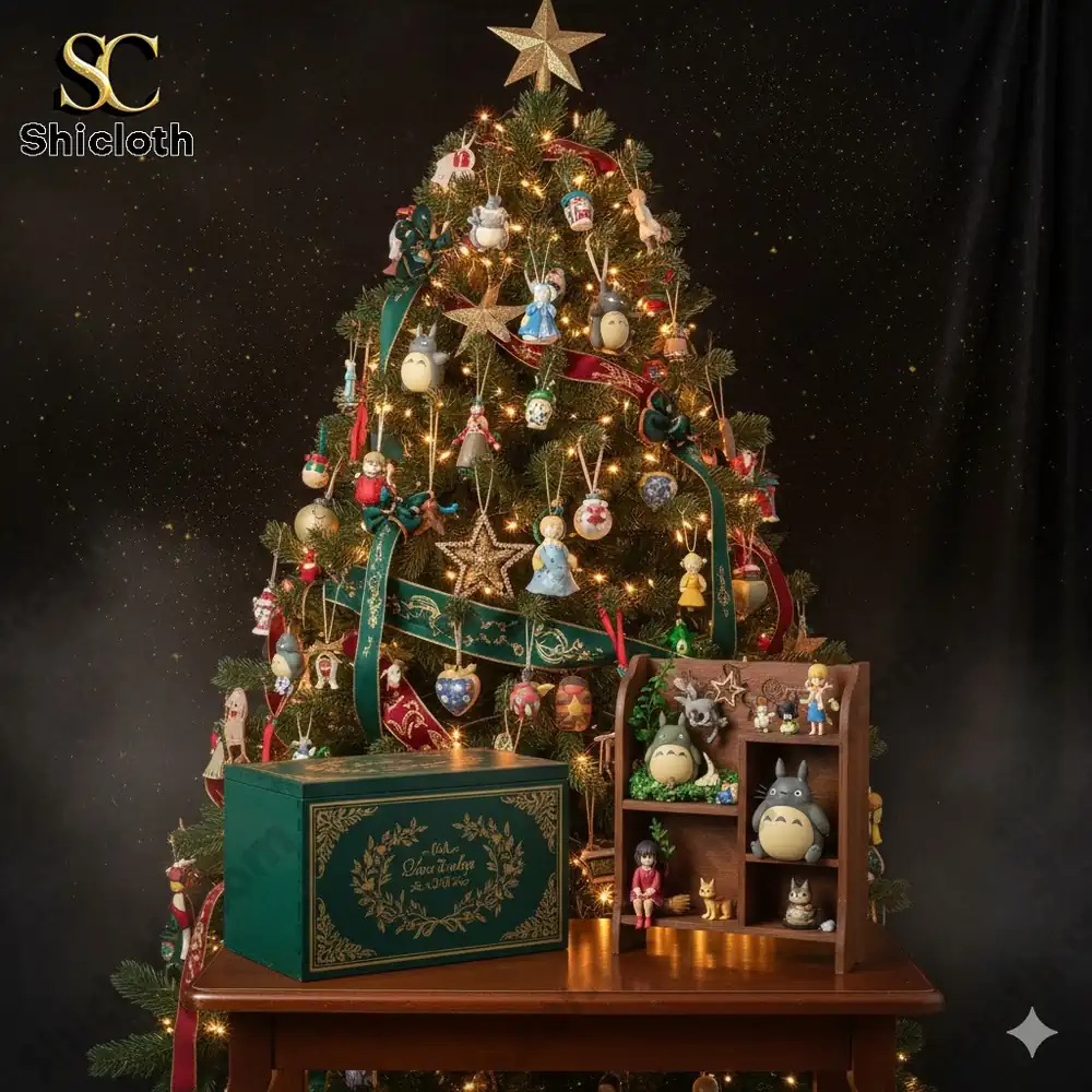 A decorated Christmas tree with character ornaments and Shicloth gift boxes.