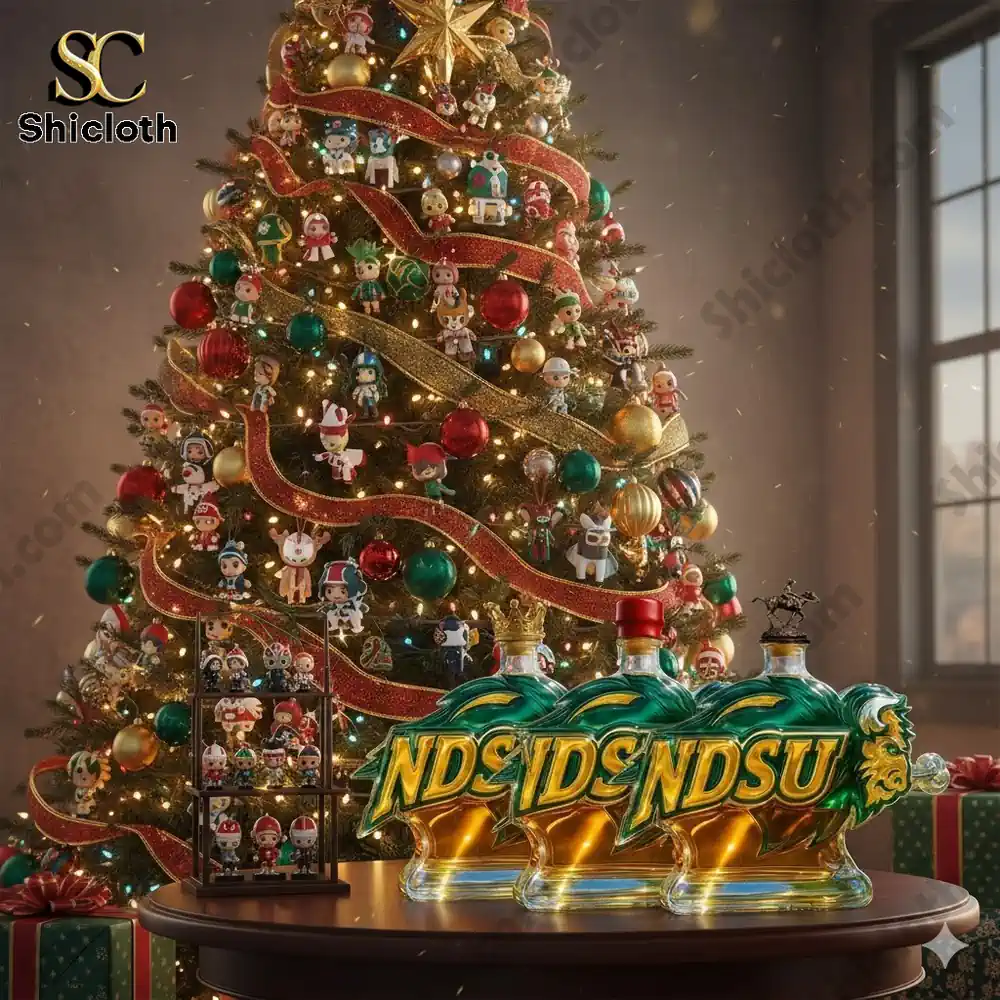 A Christmas tree filled with colorful ornaments and multiple NDSU themed bottles displayed on a table.