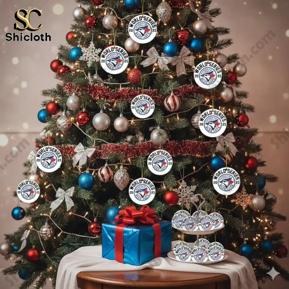 Christmas tree decorated with Toronto Blue Jays World Series round ornaments and red and blue baubles by Shicloth!