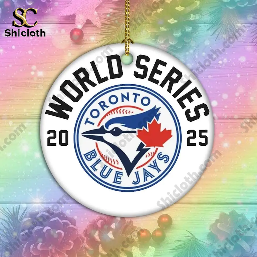 NEW Toronto Blue Jays World Series Champions 2025 Ornament 3 Toronto Blue Jays World Series round ornament displayed on a colorful rainbow holiday background by Shicloth!