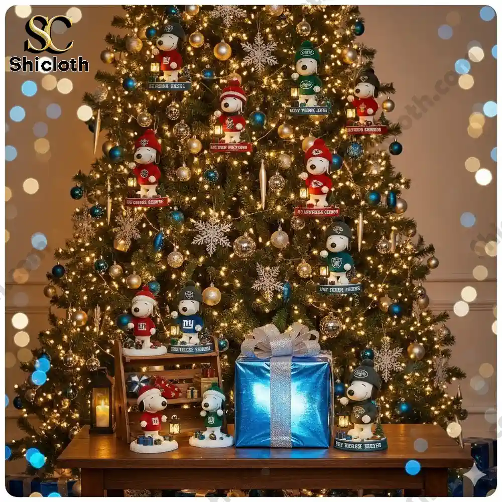 Christmas tree decorated with Snoopy figures wearing various NFL team outfits surrounded by gifts and lights!
