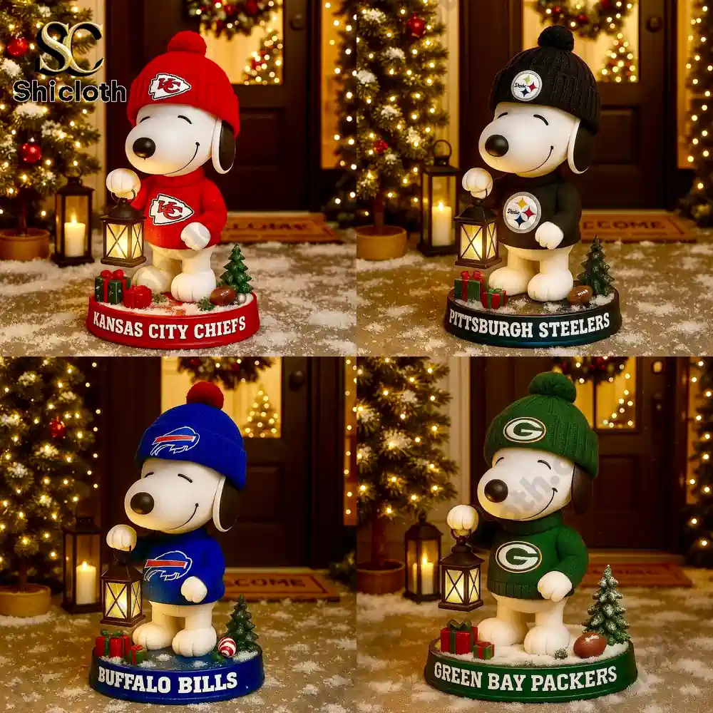 Snoopy figures in NFL team outfits holding lanterns in a festive Christmas setting!