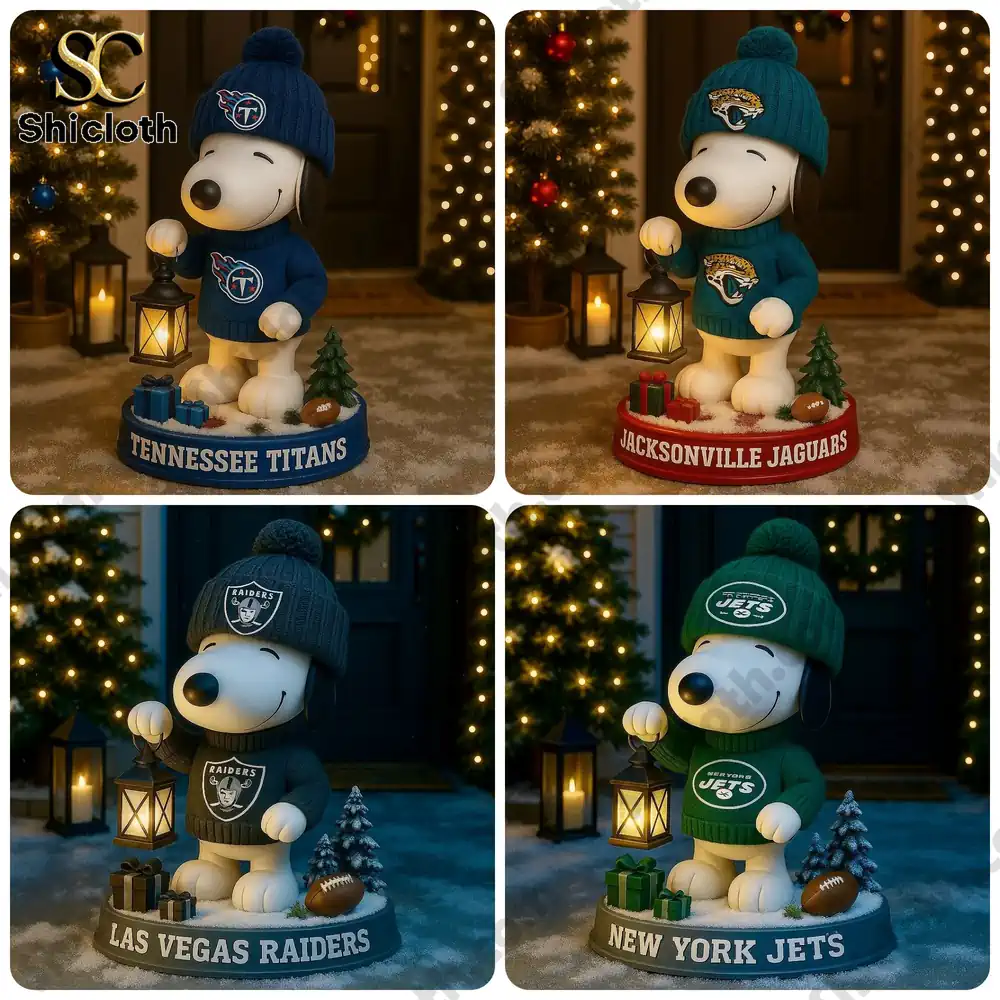 NFL x Snoopy Team Holiday Lantern Buddy Christmas Figure Doll 3 Snoopy figurines dressed in NFL team sweaters and hats holding lanterns before a Christmas doorway!