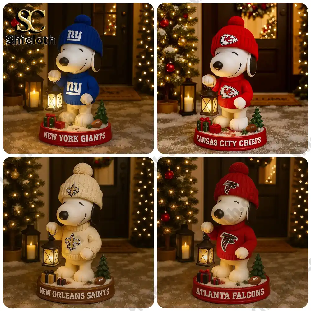 NFL x Snoopy Team Holiday Lantern Buddy Christmas Figure Doll 4 Four Snoopy figures in NFL holiday outfits holding lanterns surrounded by festive decorations!