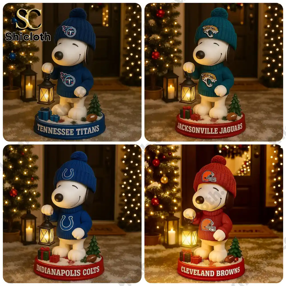 NFL x Snoopy Team Holiday Lantern Buddy Christmas Figure Doll 5 Snoopy NFL team figures with lanterns and gifts in a cozy Christmas scene!