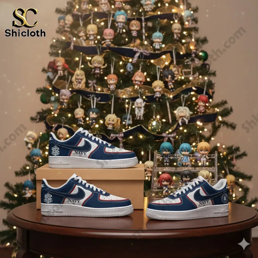 Navy themed sneakers displayed in front of a decorated Christmas tree with character figures.