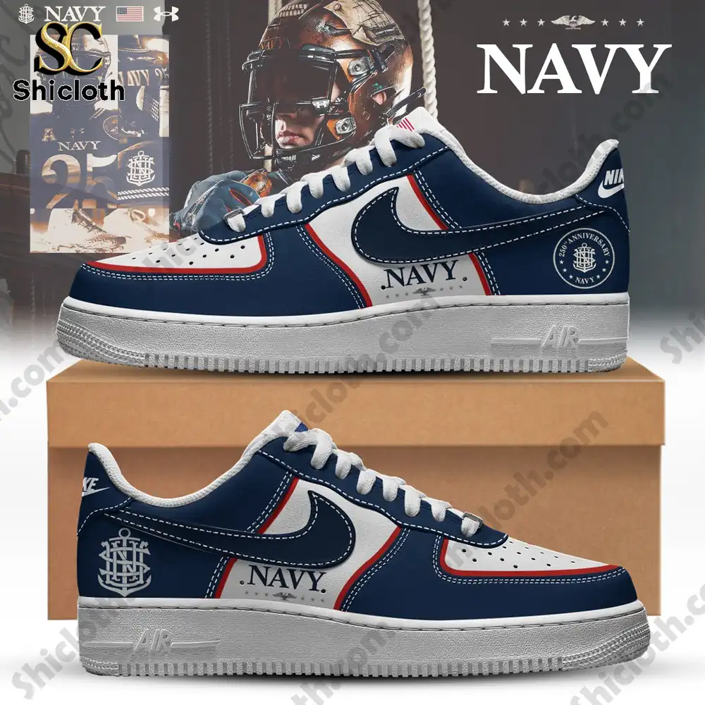 Close up of Navy themed sneakers placed on a box with a Navy anniversary background.