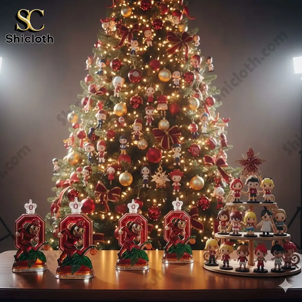 Christmas tree decorated with small figurines and mascot bottles on a table in front!