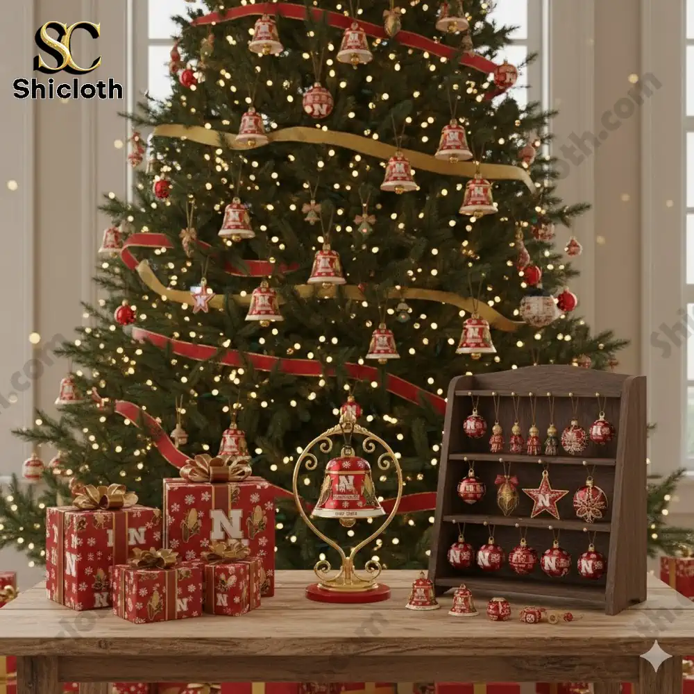 Christmas tree with Nebraska Cornhuskers 135th anniversary red and gold bell ornaments and wrapped gifts.