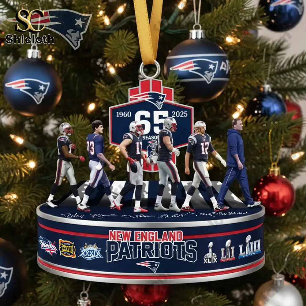 New England Patriots 65th season ornament featuring team players and a coach.
