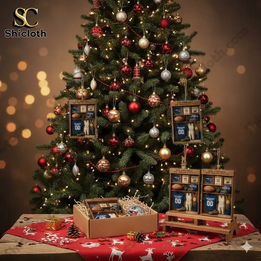A Christmas tree decorated with ornaments and boxed New England Patriots themed miniature displays from Shicloth.