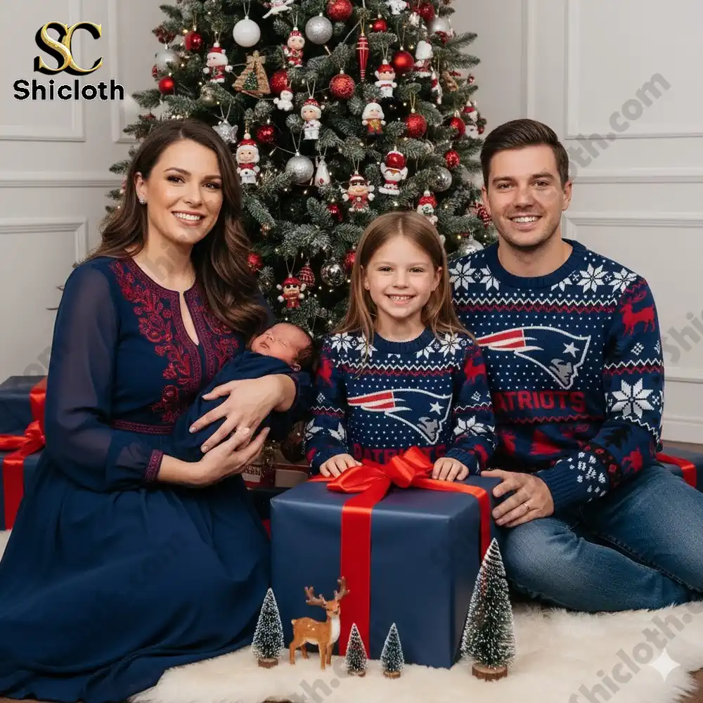 A family with a newborn baby and a young girl in Patriots sweaters, gathered around a Christmas tree with presents.