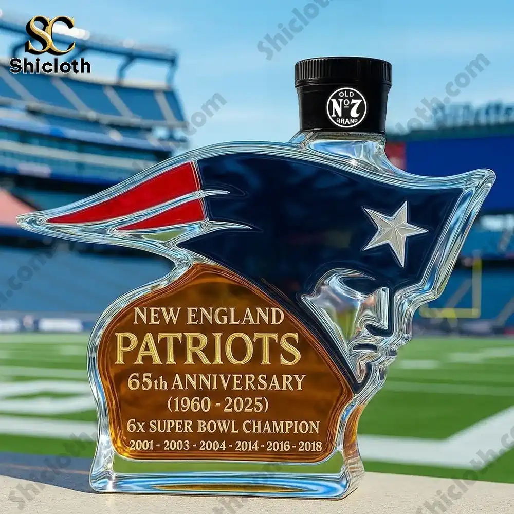 A Patriots logo shaped bottle displayed at a stadium.