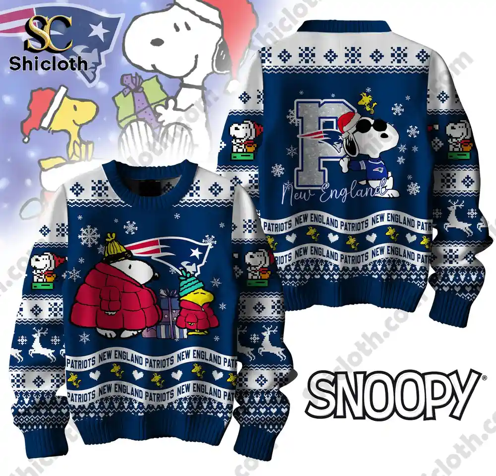 New England Patriots-themed sweater with Snoopy and Woodstock in holiday attire.