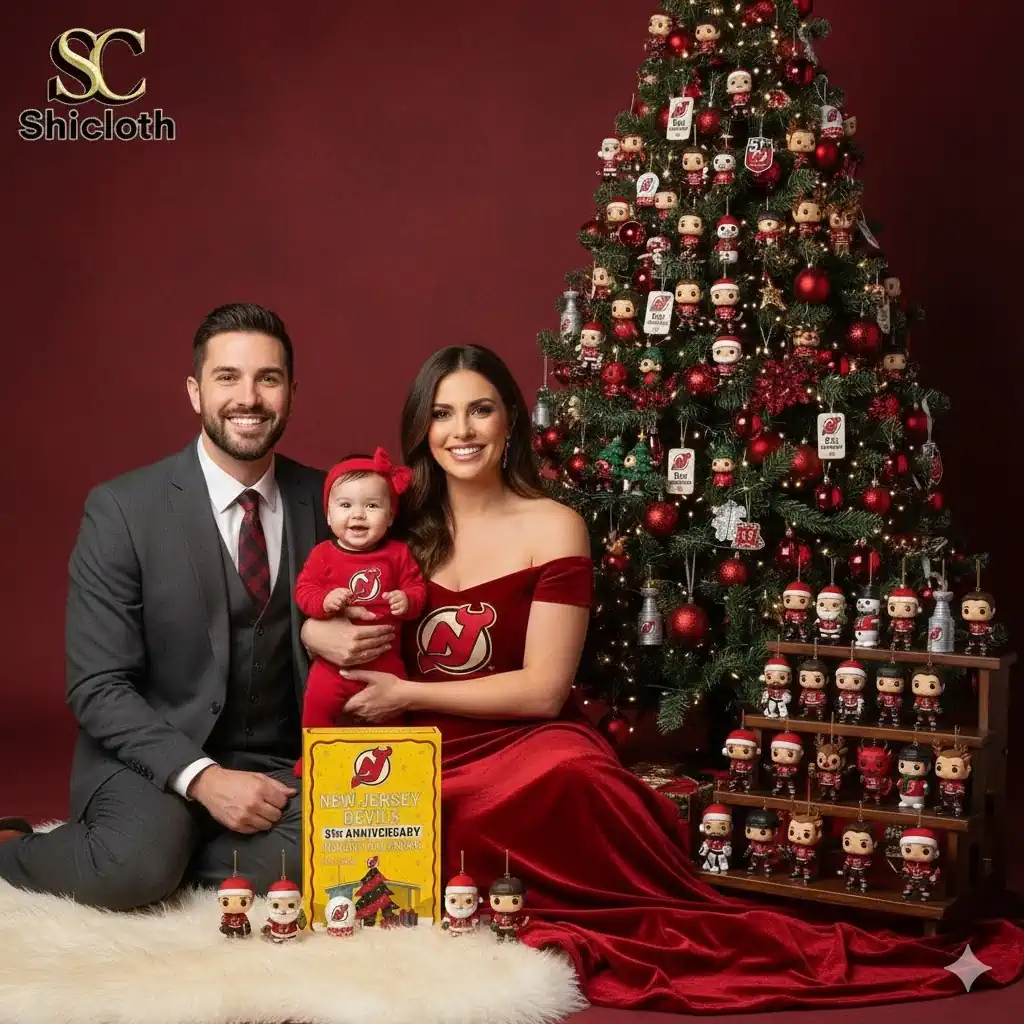 A family sitting beside a Christmas tree decorated with New Jersey Devils themed ornaments and the 51st Anniversary Advent Calendar by Shicloth.