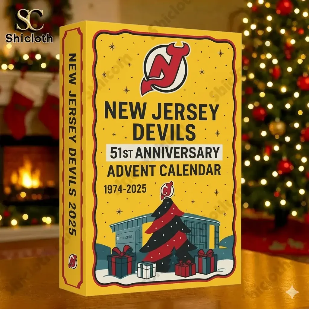 A close up of the New Jersey Devils 51st Anniversary Advent Calendar box by Shicloth placed near a Christmas tree.
