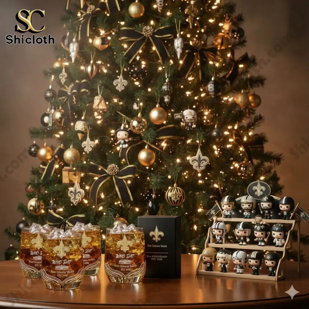 Christmas tree with gold black decorations and collectible figures beside Shicloth New Orleans Saints themed glasses!