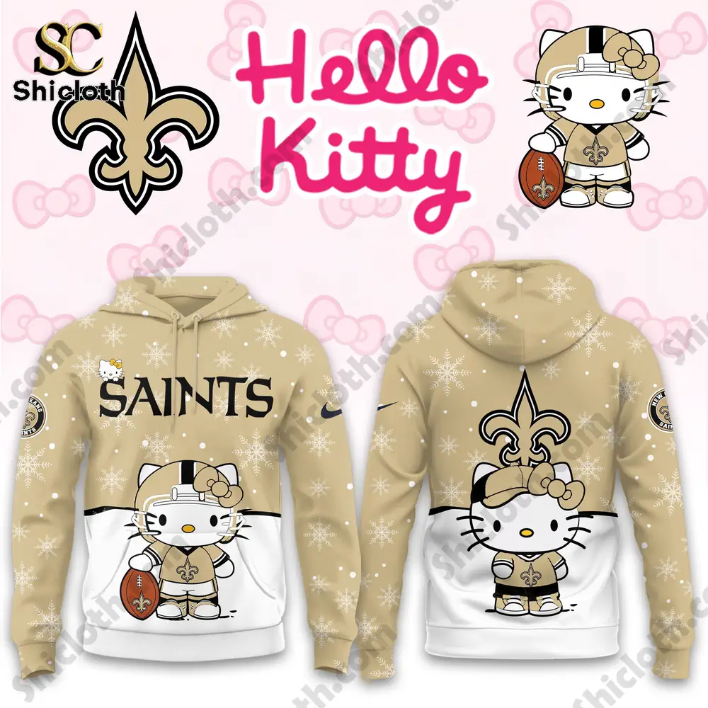 A New Orleans Saints-themed Hello Kitty hoodie with a football design, showcasing the front and back view.