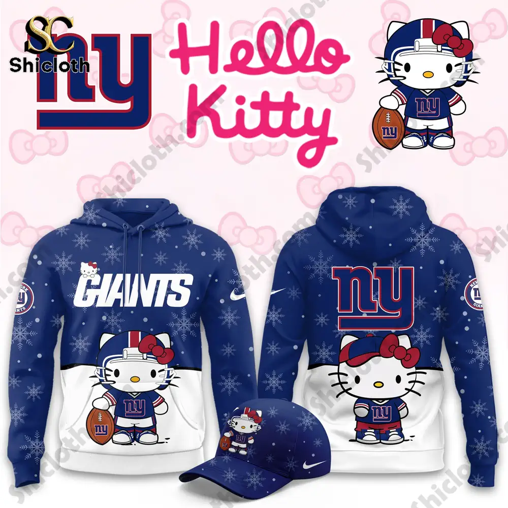 New York Giants Hello Kitty Hoodie design featuring a snowy pattern and a playful Hello Kitty character in team gear.