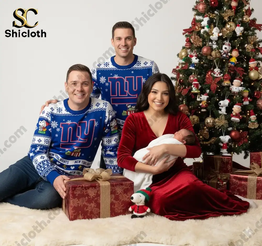 A family of four poses for a Christmas photo with a baby, dressed in New York Giants sweaters, standing in front of a decorated Christmas tree.