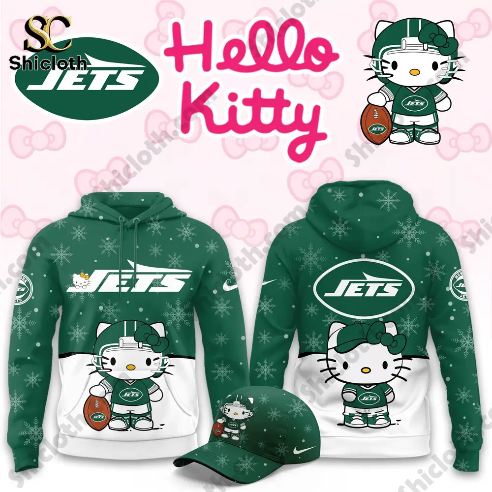 New York Jets Hello Kitty Hoodie and Cap Set with festive snowflakes and a football-themed Hello Kitty character.