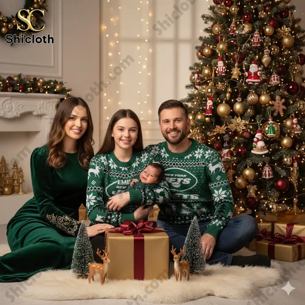 Family posing with matching green New York Jets Christmas sweaters near a decorated tree with gifts.