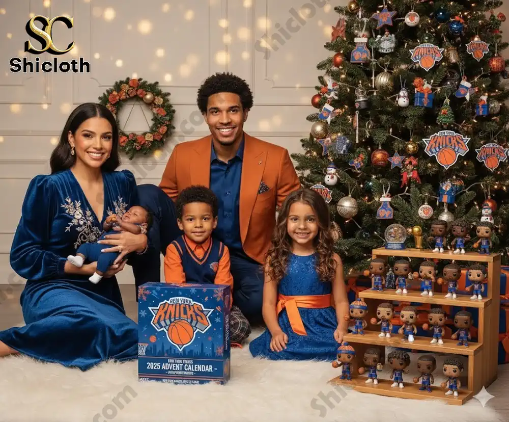 A family poses for Christmas with the New York Knicks 2025 Advent Calendar in front of a decorated Christmas tree.