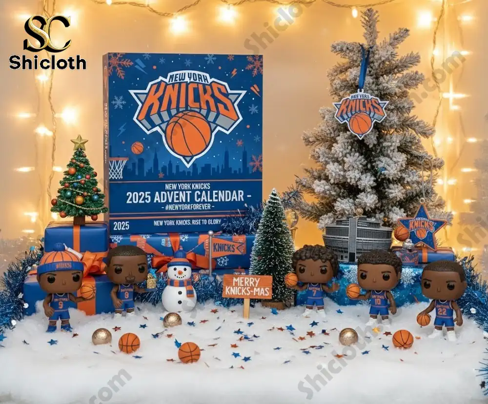 The New York Knicks 2025 Advent Calendar displayed with mini collectible figures and Christmas decorations.