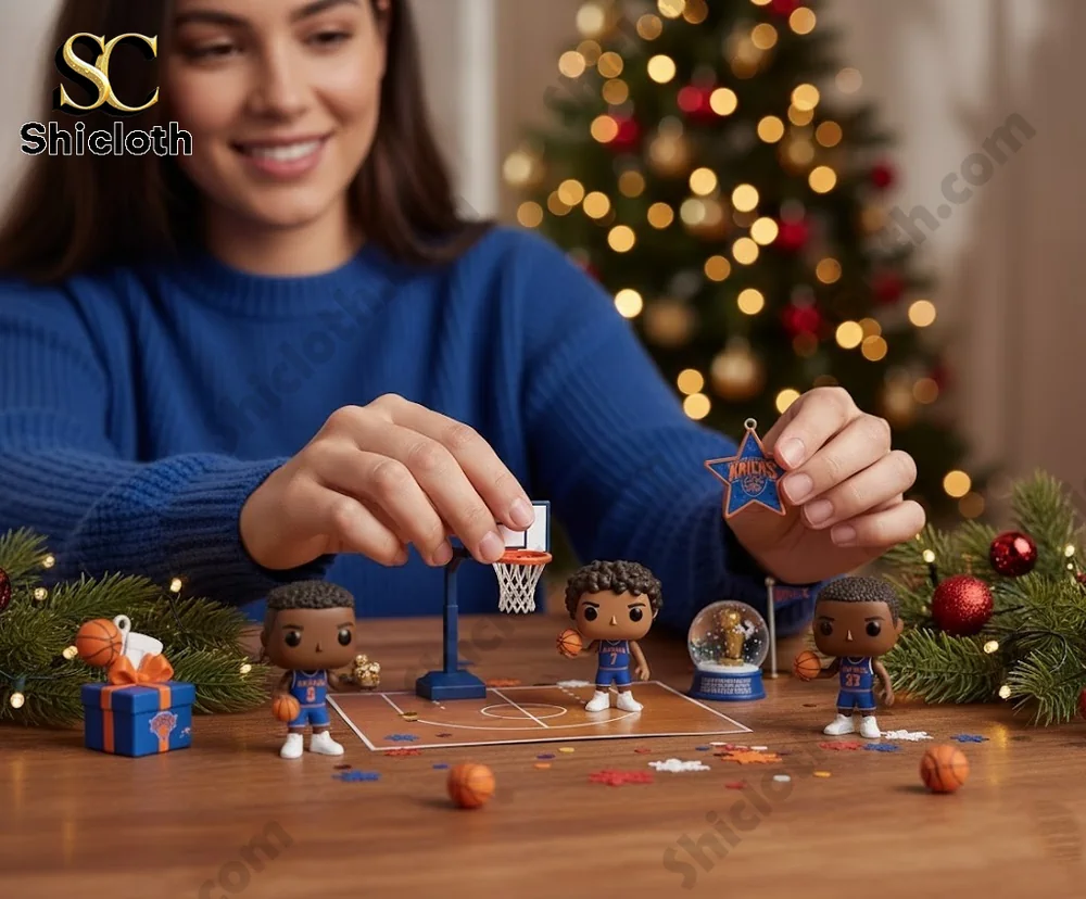New York Knicks 2025 Advent Calendar NBA Mini Collectible Figures Holiday Countdown 3 A woman plays with New York Knicks mini collectible figures from the 2025 Advent Calendar on a holiday-themed table.
