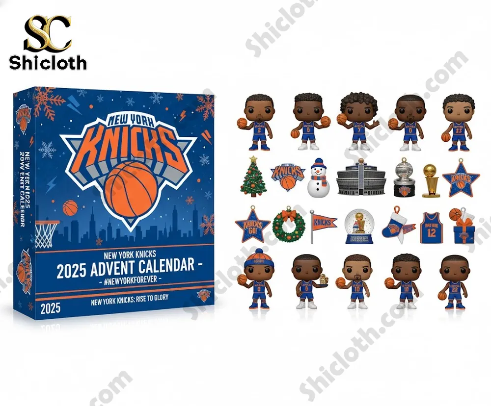 New York Knicks 2025 Advent Calendar NBA Mini Collectible Figures Holiday Countdown 4 A close-up view of New York Knicks mini collectible figures and accessories from the 2025 Advent Calendar.