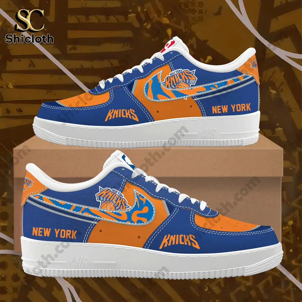 A close up view of Knicks themed shoes placed on a box!
