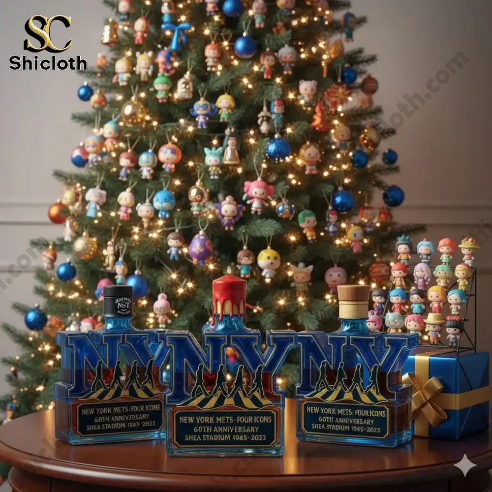 New York themed NY bottles and small figures displayed in front of a decorated Christmas tree!