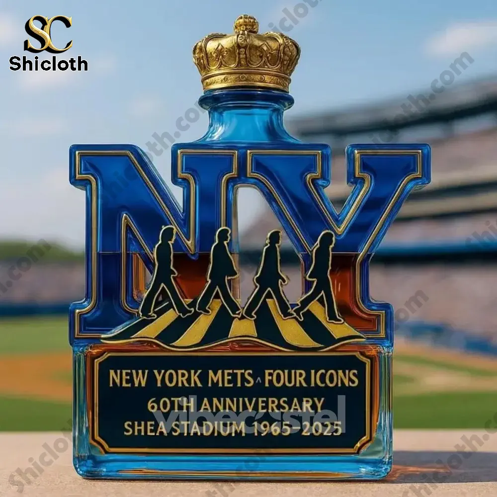 Blue NY shaped New York Mets bottle with a gold crown top on a ballpark background!