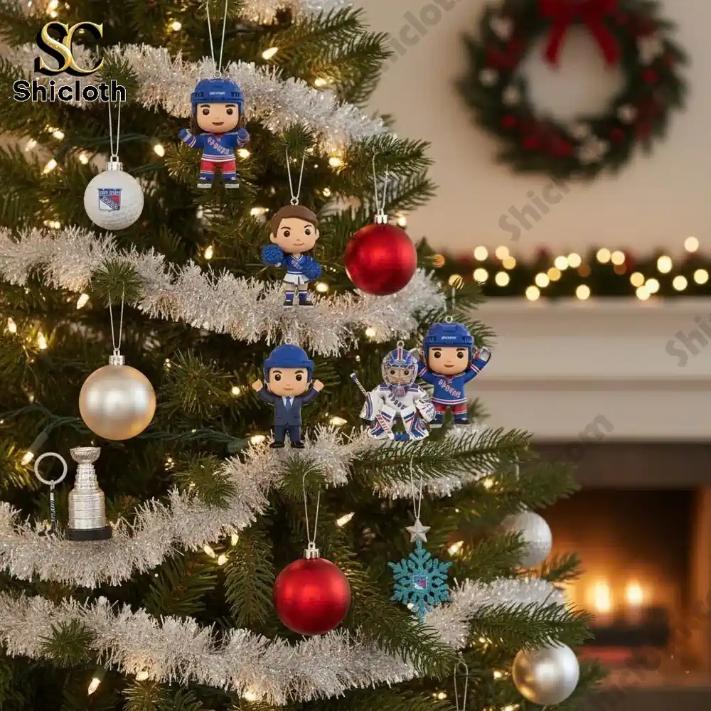 Christmas tree decorated with New York Rangers themed ornaments and figurines!