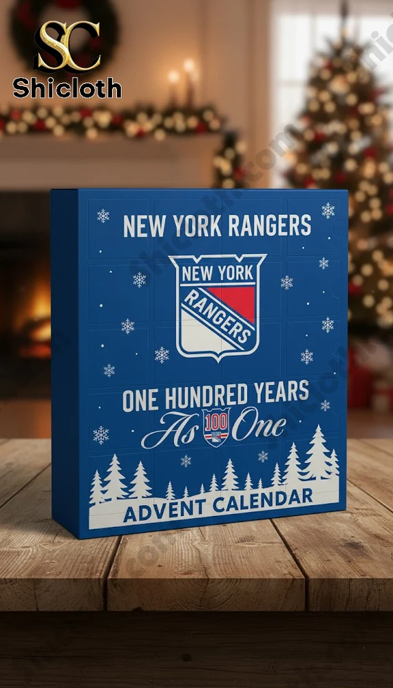New York Rangers 100th Anniversary Limited Edition Advent Calendar 2025 5 Close-up of New York Rangers Advent Calendar box on a wooden table with festive background!