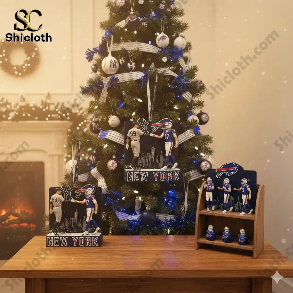 Christmas tree decorated with sports themed ornaments featuring a Yankees player figure and a Bills player figure!