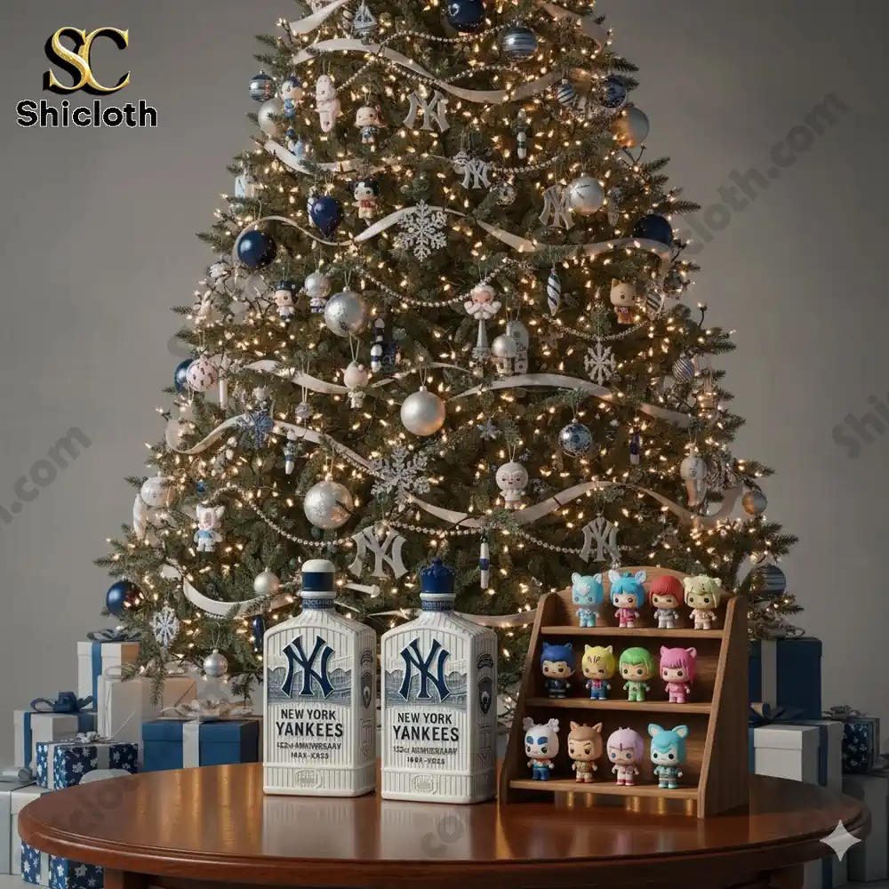 New York Yankees bottles and small figures displayed in front of a decorated Christmas tree.